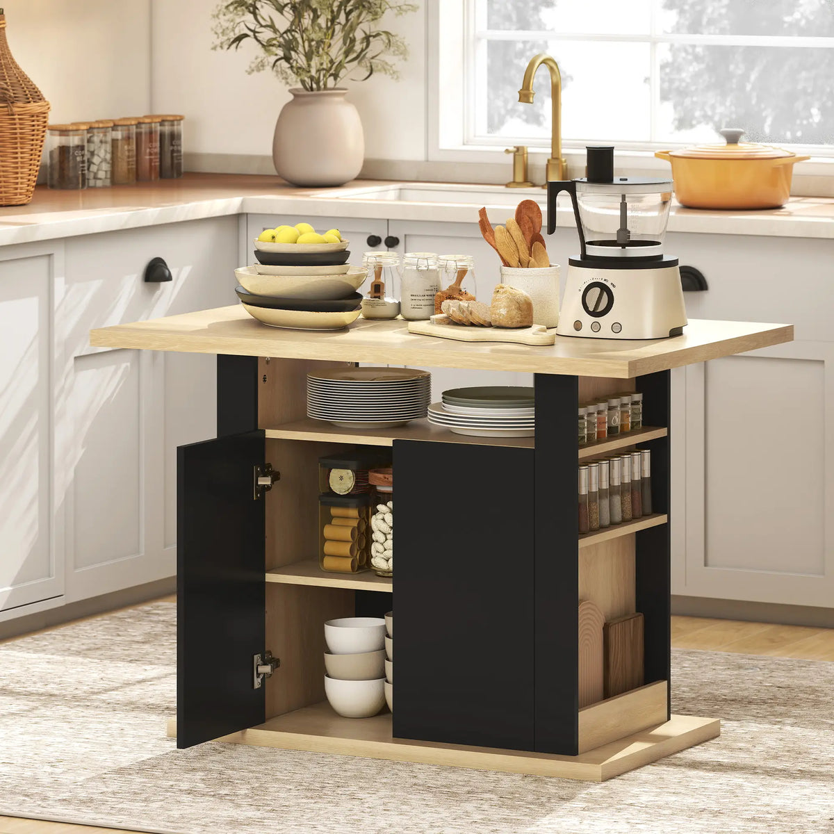Kitchen Island Dining Table, 4-Door Cabinet, Black Kitchen Islands & Kitchen Carts at Gallery Canada