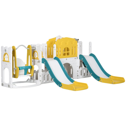8 in 1 Slide Swing Set, Baby Swing with Basketball Hoop, Climber, Steering Wheel, Ages 1-3, Yellow