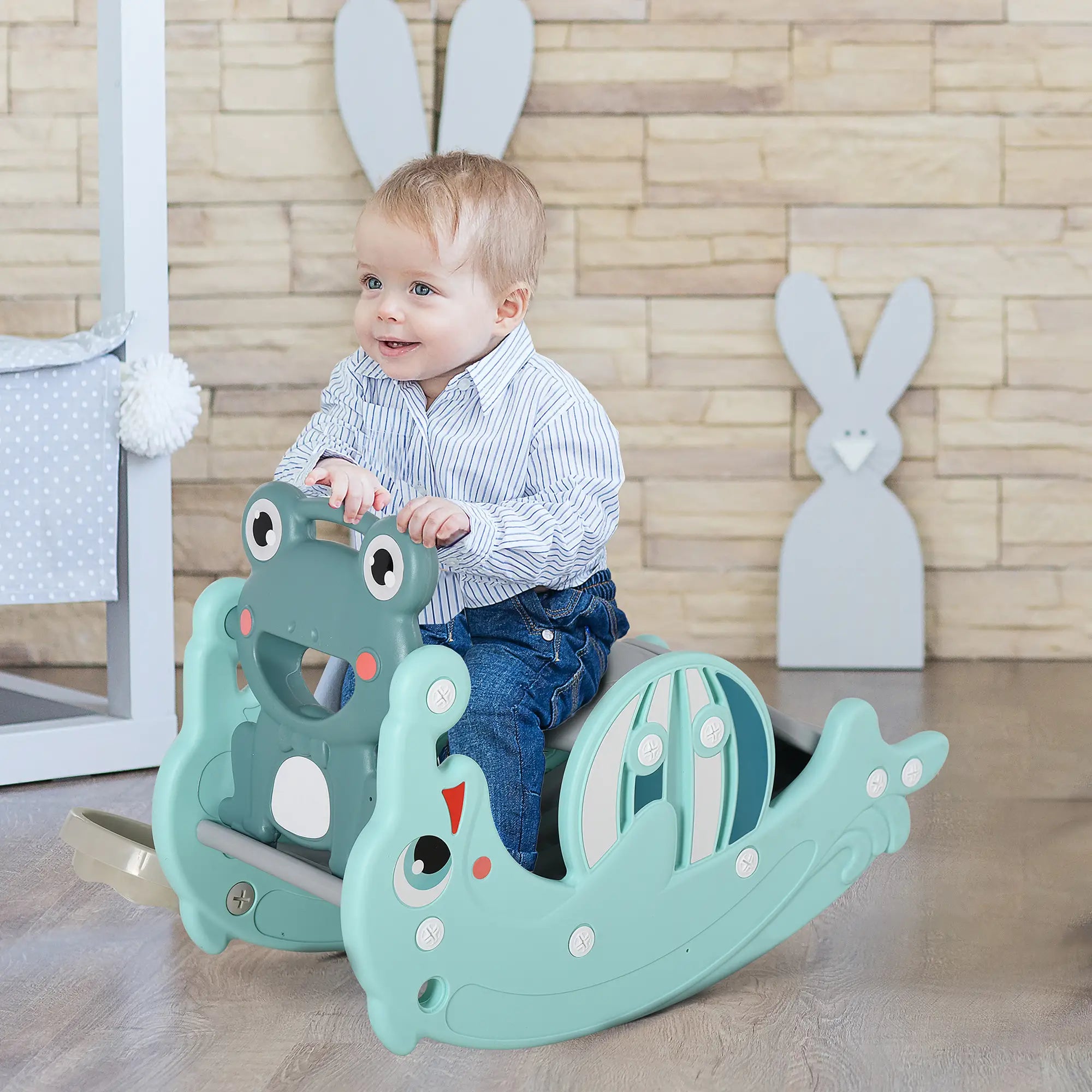 3-in-1 Kids Slide, Rocking Horse, Basketball Hoop, Age 1.5-3, Green Rocking Horses at Gallery Canada