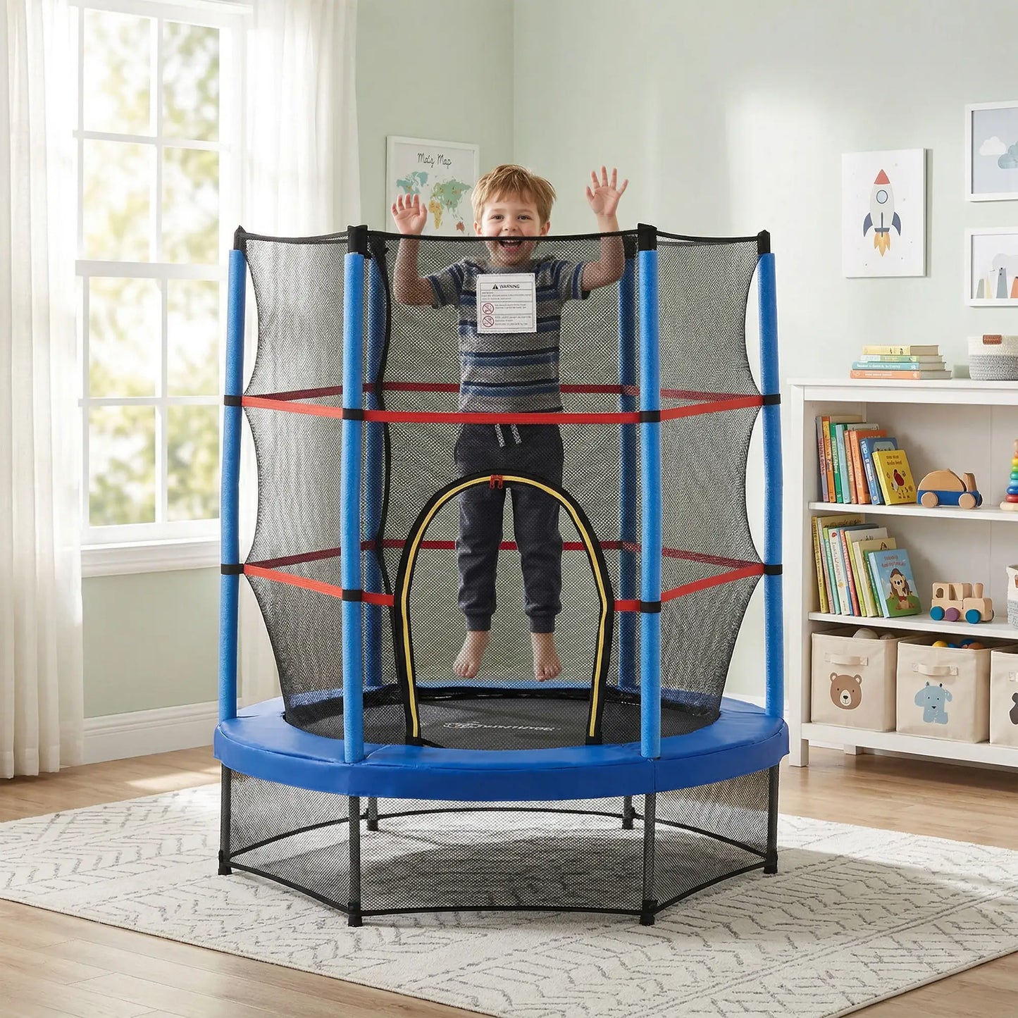 55" Kids Trampoline with Enclosure Net, Indoor/Outdoor, Age 3-6, Blue Trampolines at Gallery Canada