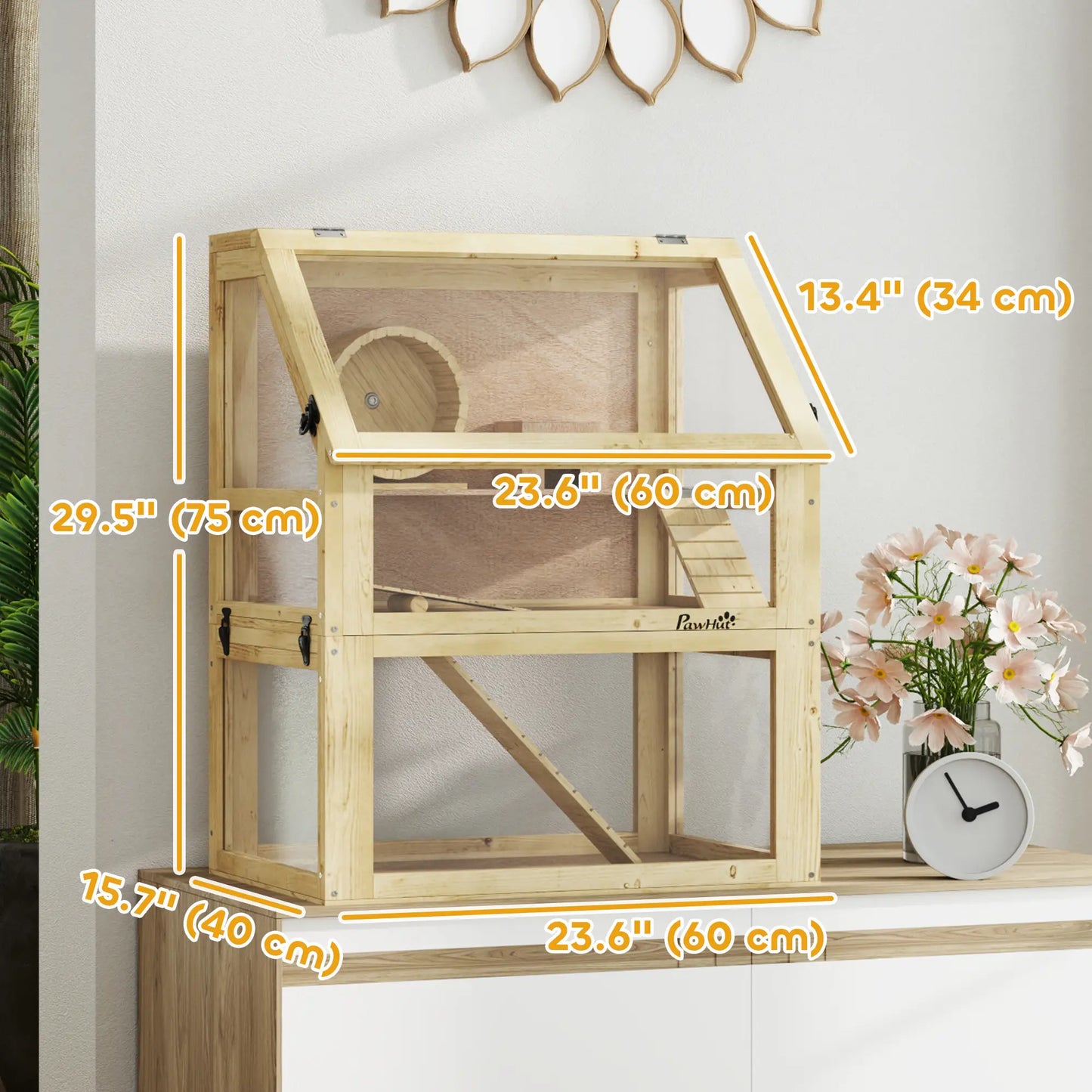 Wooden Hamster Cage, 3 Tier Gerbil Cage, 24" x 16" x 29.5", Hut, Seesaw, Wheel Hamster Cages at Gallery Canada