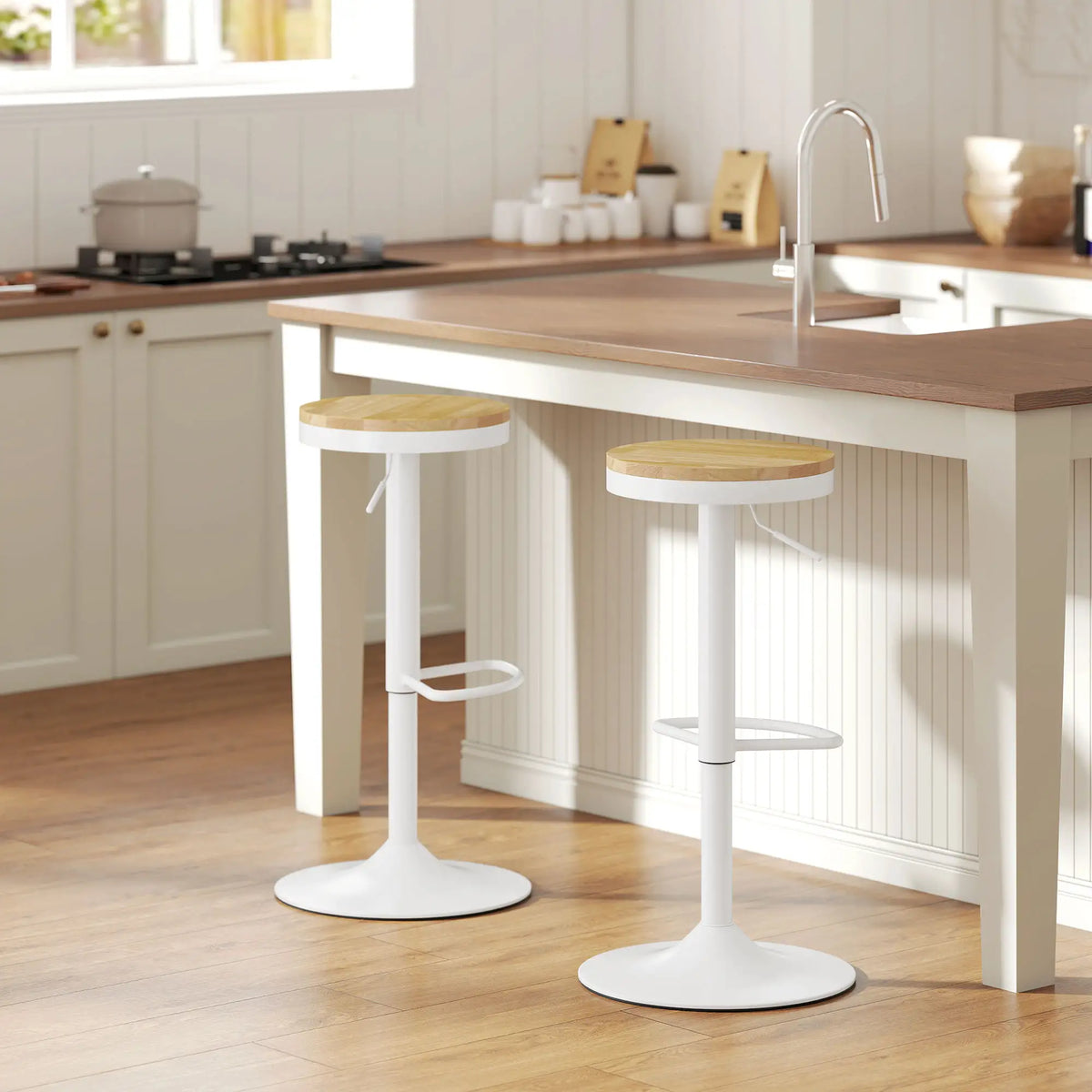 Swivel Bar Stools Set of 2, Adjustable Height, Natural Wood, White Bar Stools at Gallery Canada