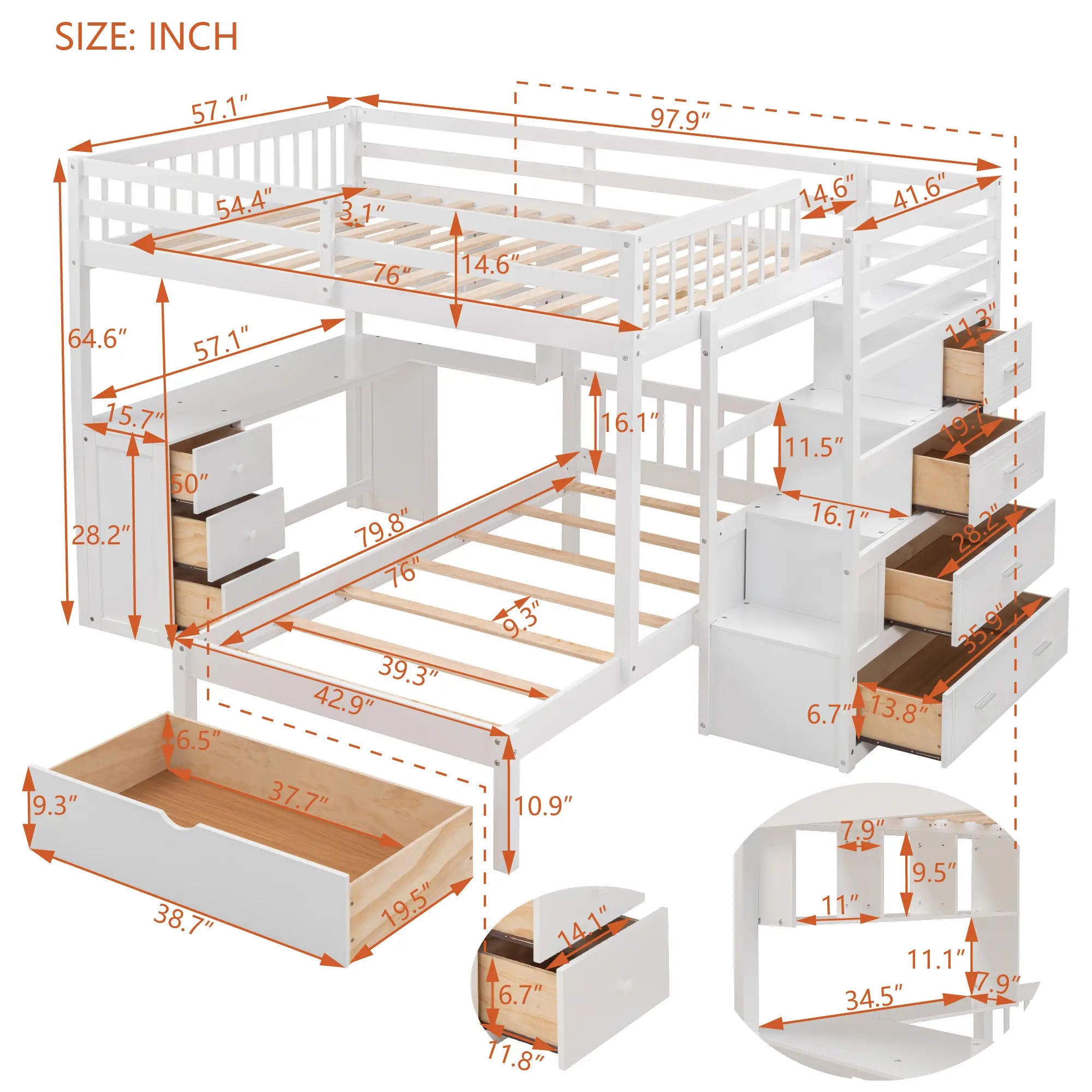 Over Twin Bunk Bed with Desk, Drawers, Shelves, 98
