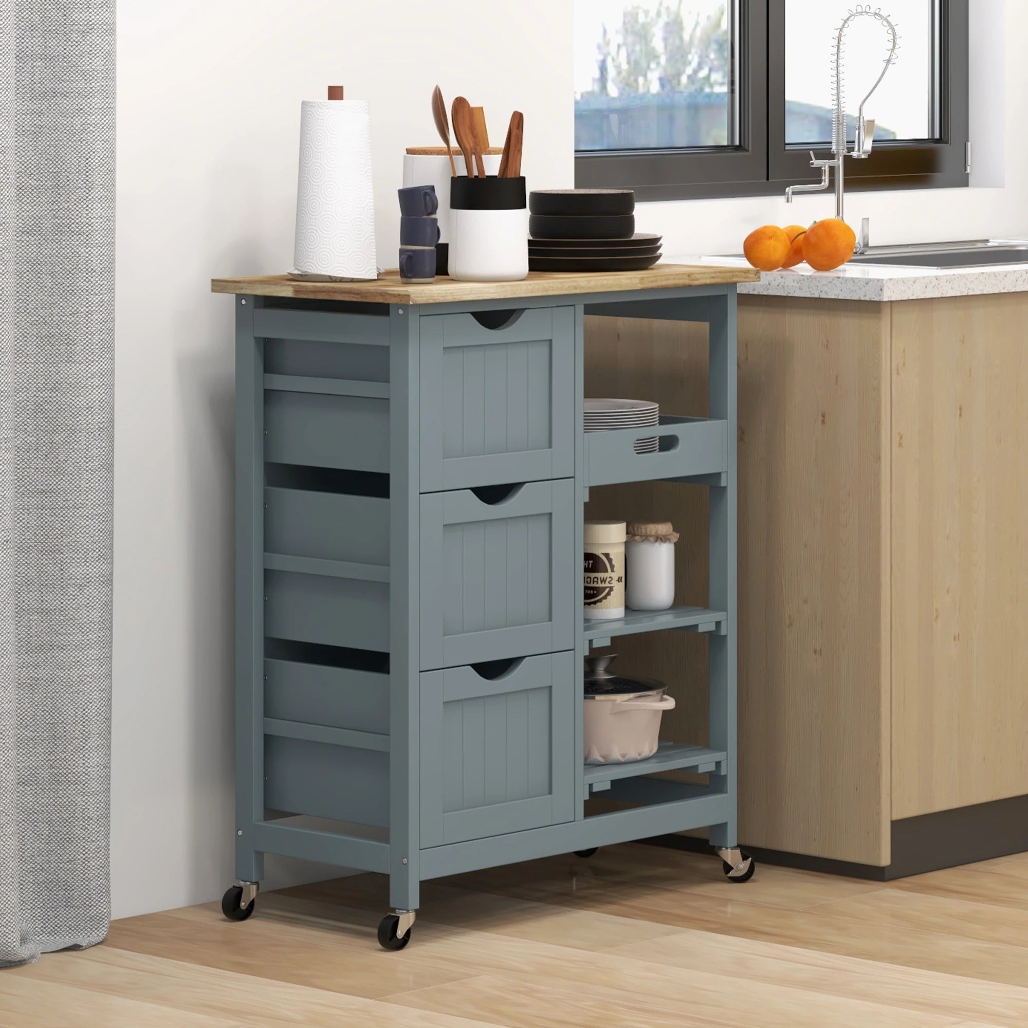 Kitchen Cart on Wheels, Wood Top, 3 Drawers, Shelves Kitchen Islands & Kitchen Carts at Gallery Canada
