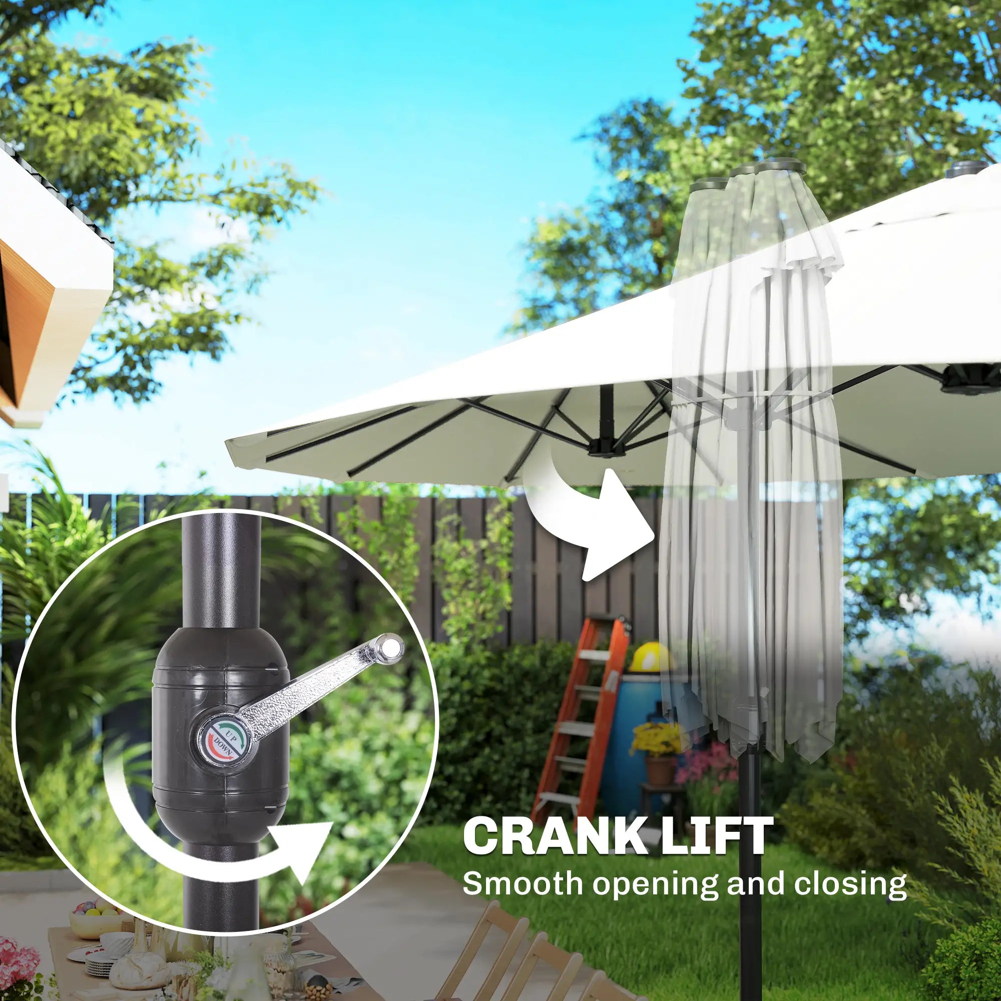 15 Ft Twin Canopy Patio Umbrella, Steel Lift Crank, Beige Sun Umbrellas at Gallery Canada