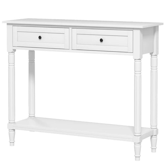 Modern Hallway Console Table, 2 Drawers, Storage Shelf, Turned Legs, White Console Tables White at Gallery Canada