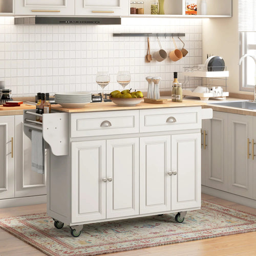 Kitchen Island with Storage, Drop Leaf, Rubber Wood Top, Cream White