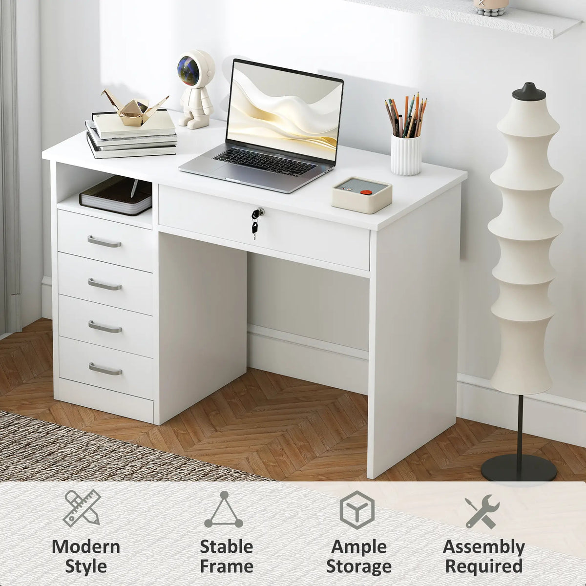Home Office Desk with Storage, Lockable Drawer, White Computer Desks at Gallery Canada