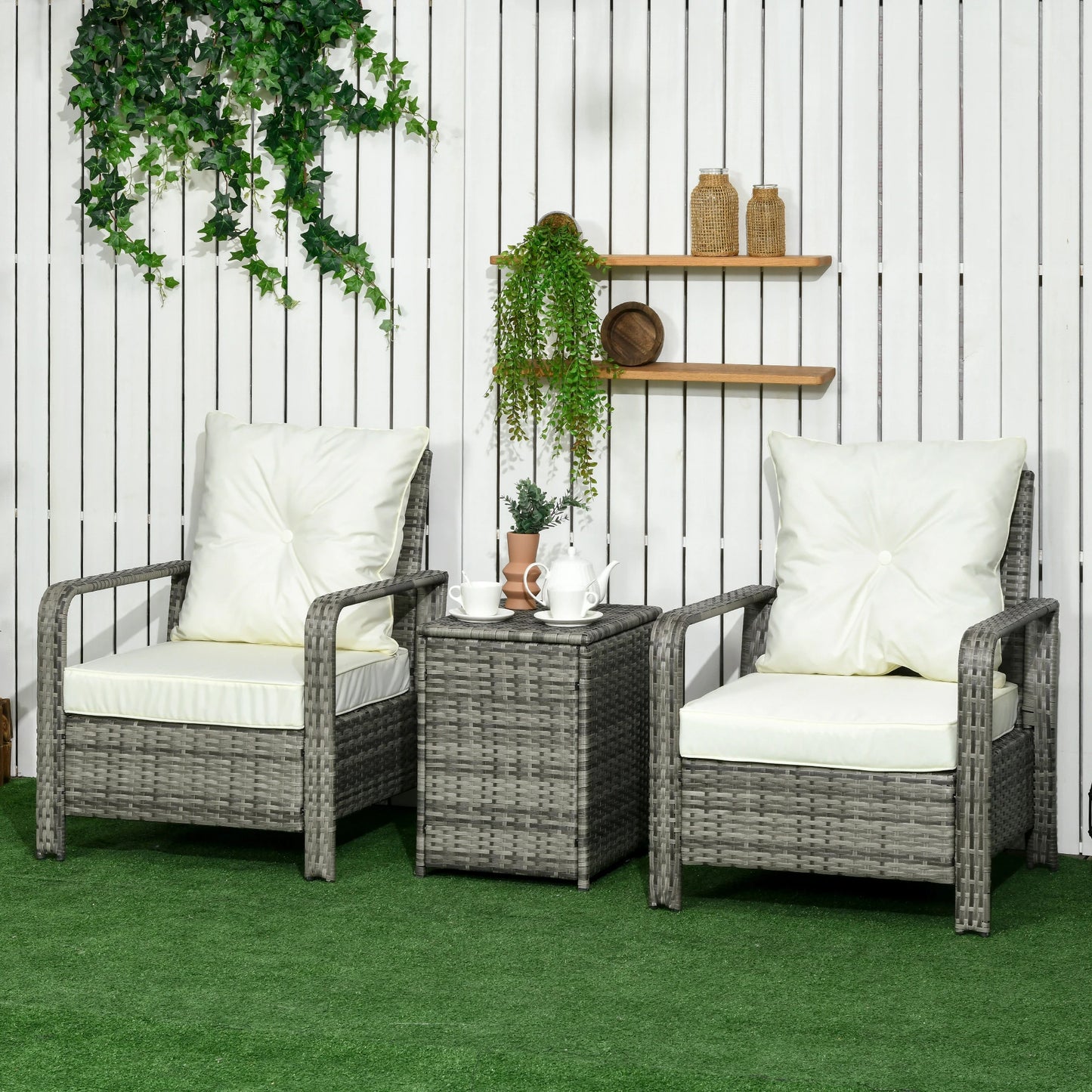 3-Piece Wicker Patio Set, Rattan Bistro with Storage Table, Thickened Cushions, Beige Bistro Sets at Gallery Canada