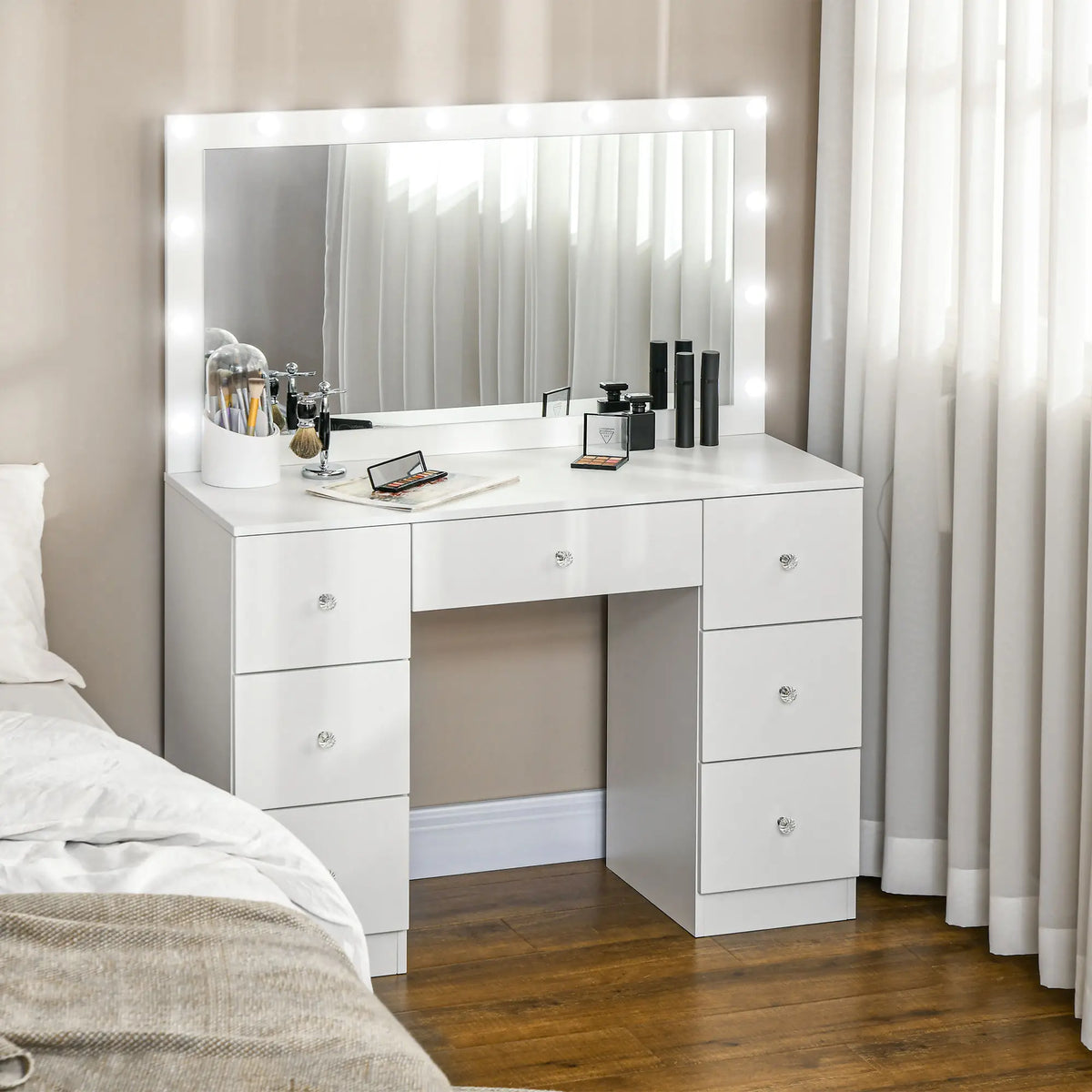 Modern Makeup Vanity Table, Mirror with 10 LED Lights, 7 Drawers, White Dressing & Vanity Tables at Gallery Canada