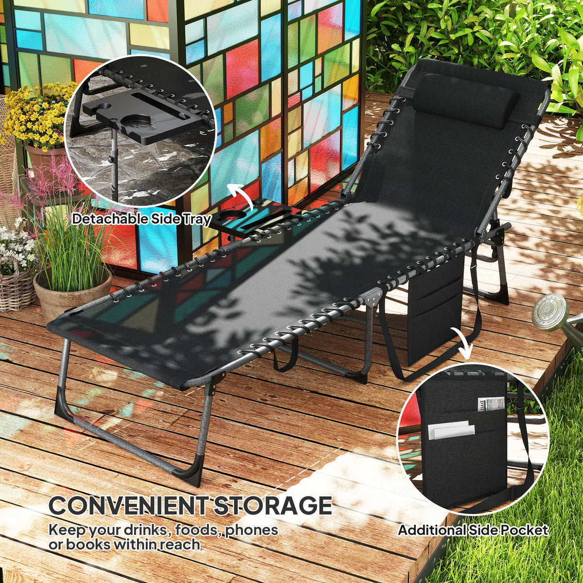 Folding Lounge Chair, Adjustable Back, Side Table, Headrest, Black Lounger Chairs at Gallery Canada