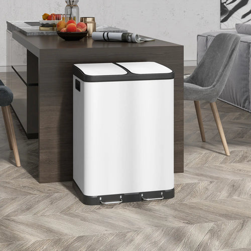 Kitchen Garbage Bin, 2 x 7.9 Gal, Soft-Close With Removable Buckets, White