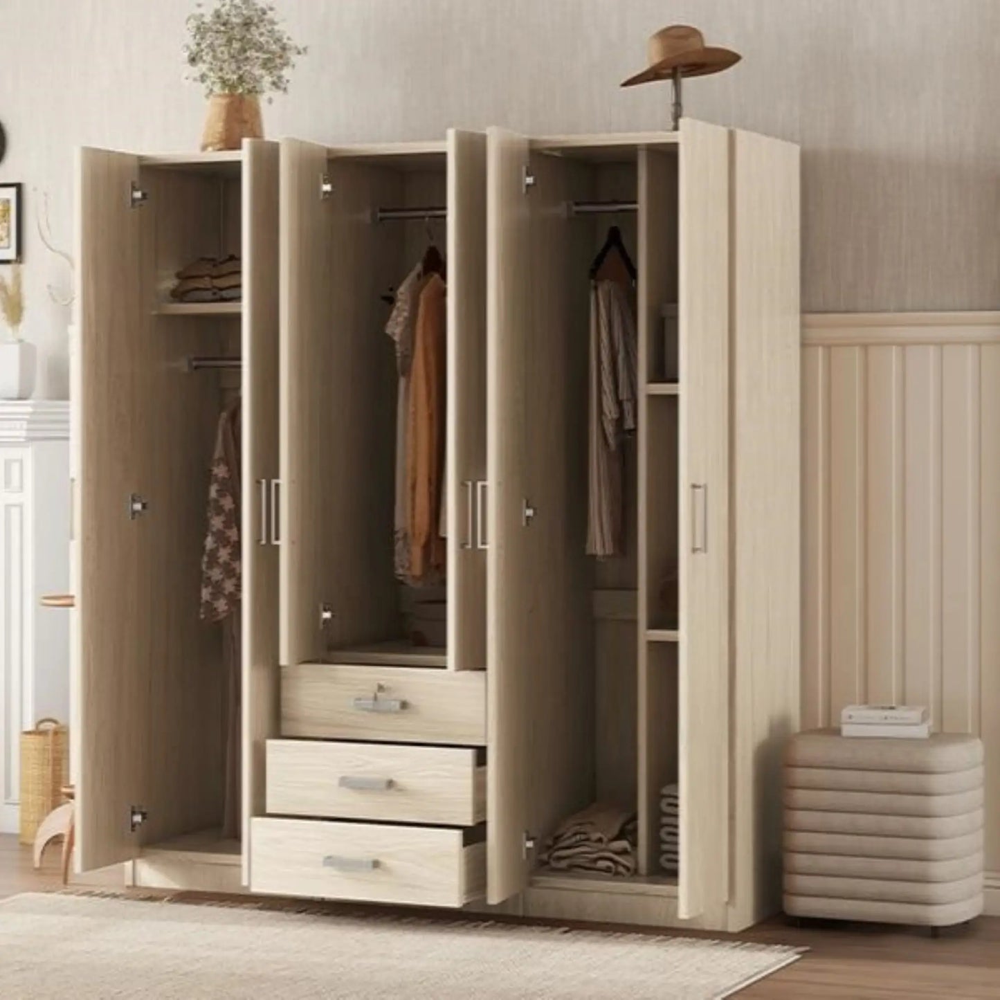 Wooden Wardrobe, 3 Drawers, MDF, Silver Handles, 71" L x 19" W x 68" H, Natural Clothing Storage at Gallery Canada