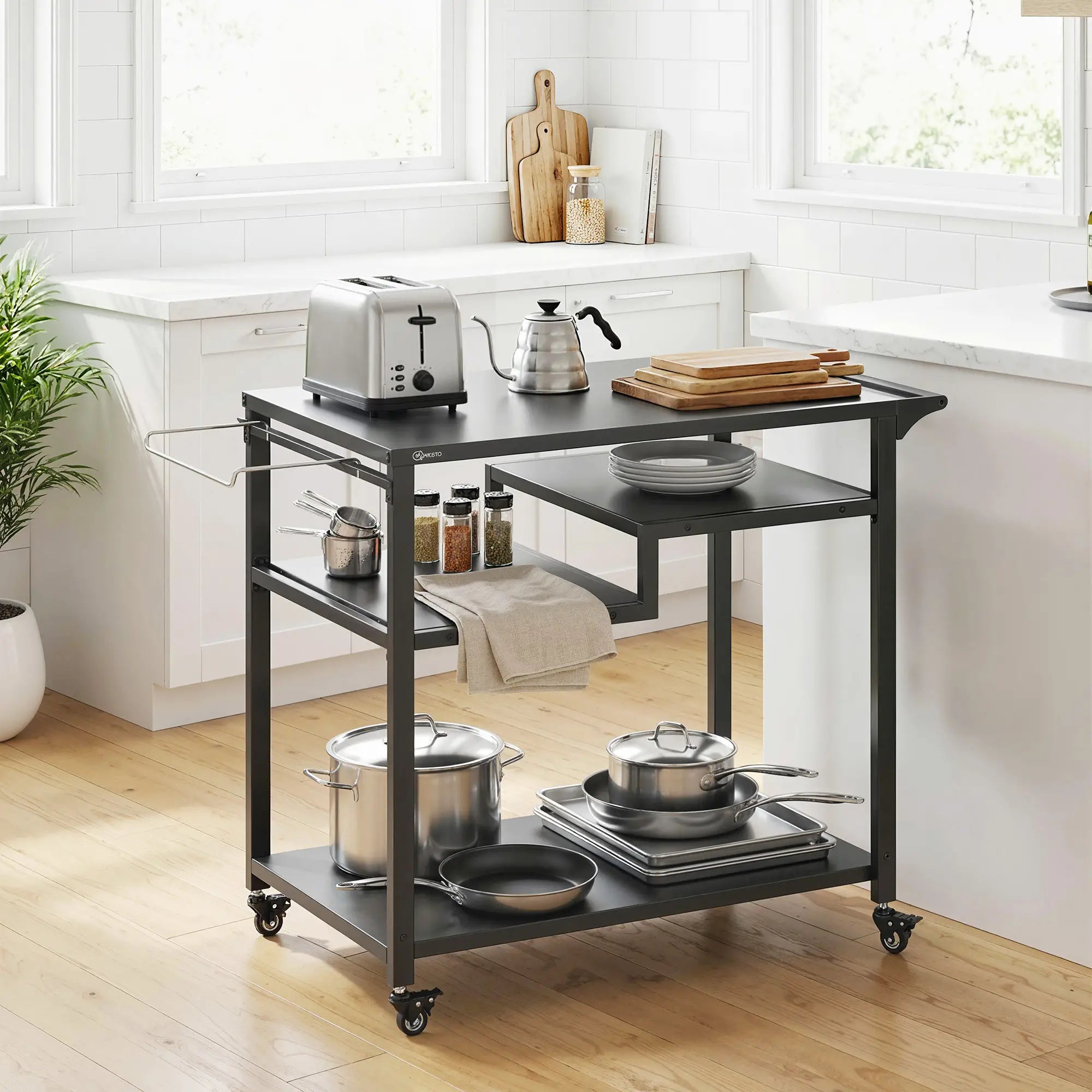 Outdoor Grill Cart, Three-Shelf Pizza Oven Stand With Hooks, Wheels, Black Outdoor Grill Carts at Gallery Canada