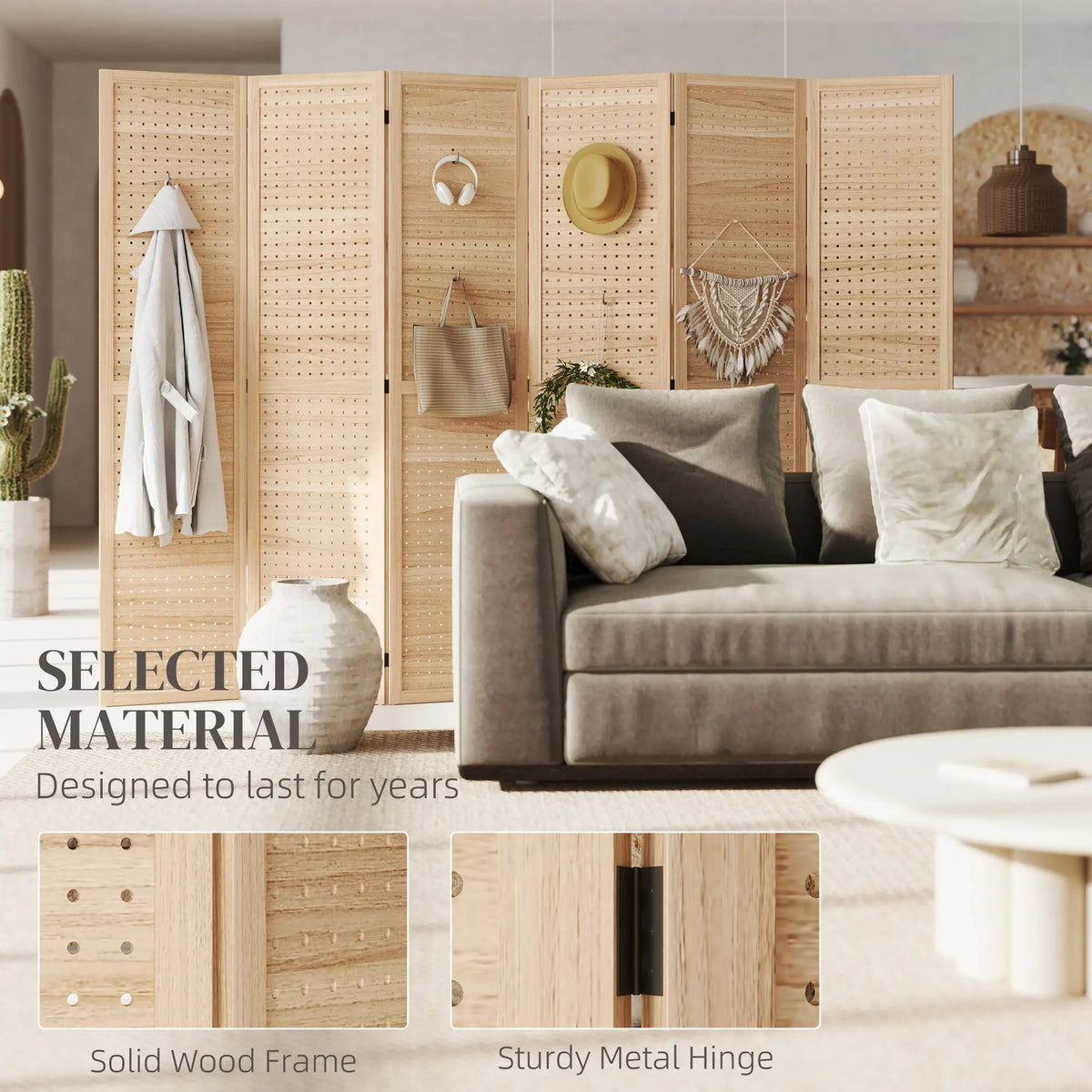 5.6 Ft. Tall 6-Panel Room Divider, Freestanding Folding Privacy Screen, Natural Room Dividers at Gallery Canada