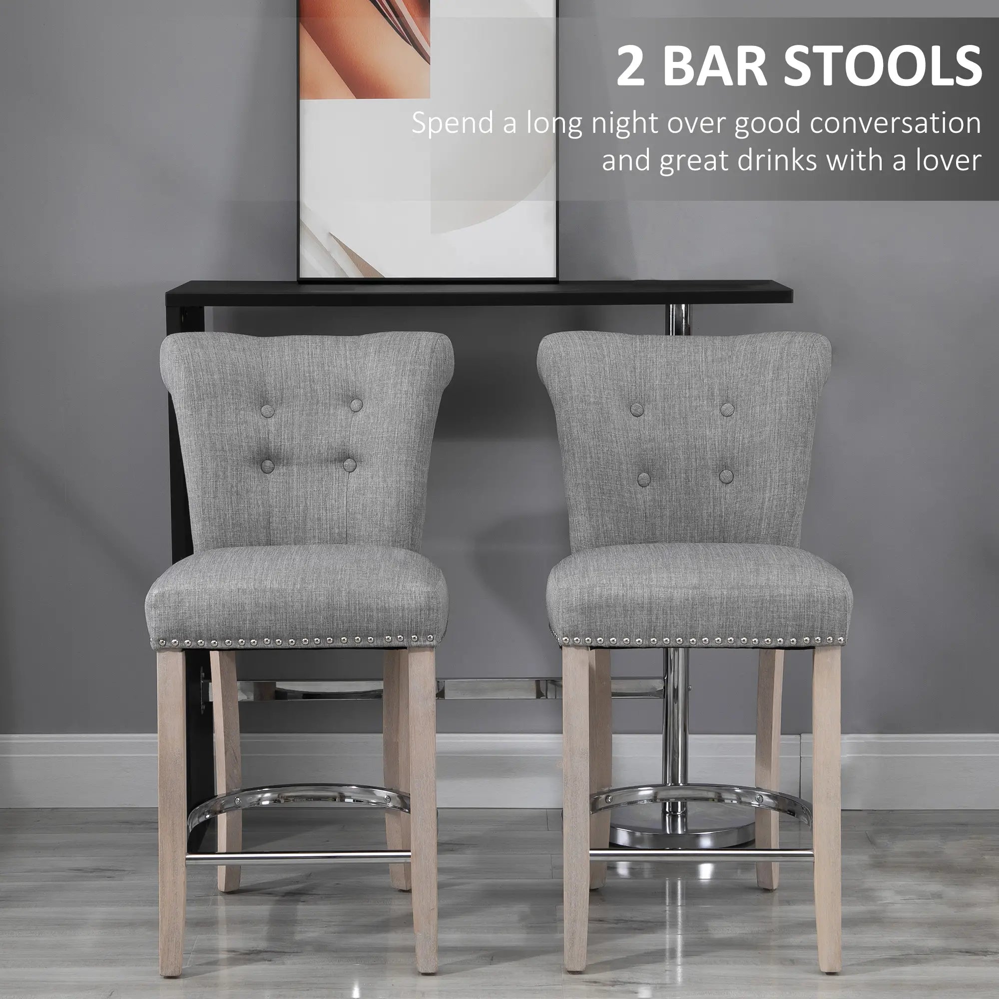 Upholstered Counter Height Bar Stools, Set of 2, Wood Legs, Grey Bar Stools at Gallery Canada