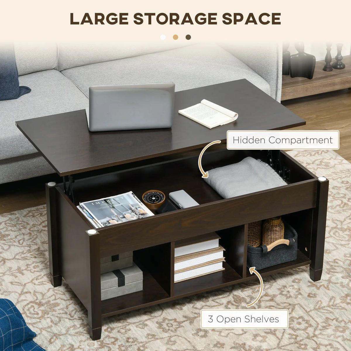 Lift Top Coffee Table, Hidden Storage, 3 Shelves, Espresso Coffee Tables at Gallery Canada