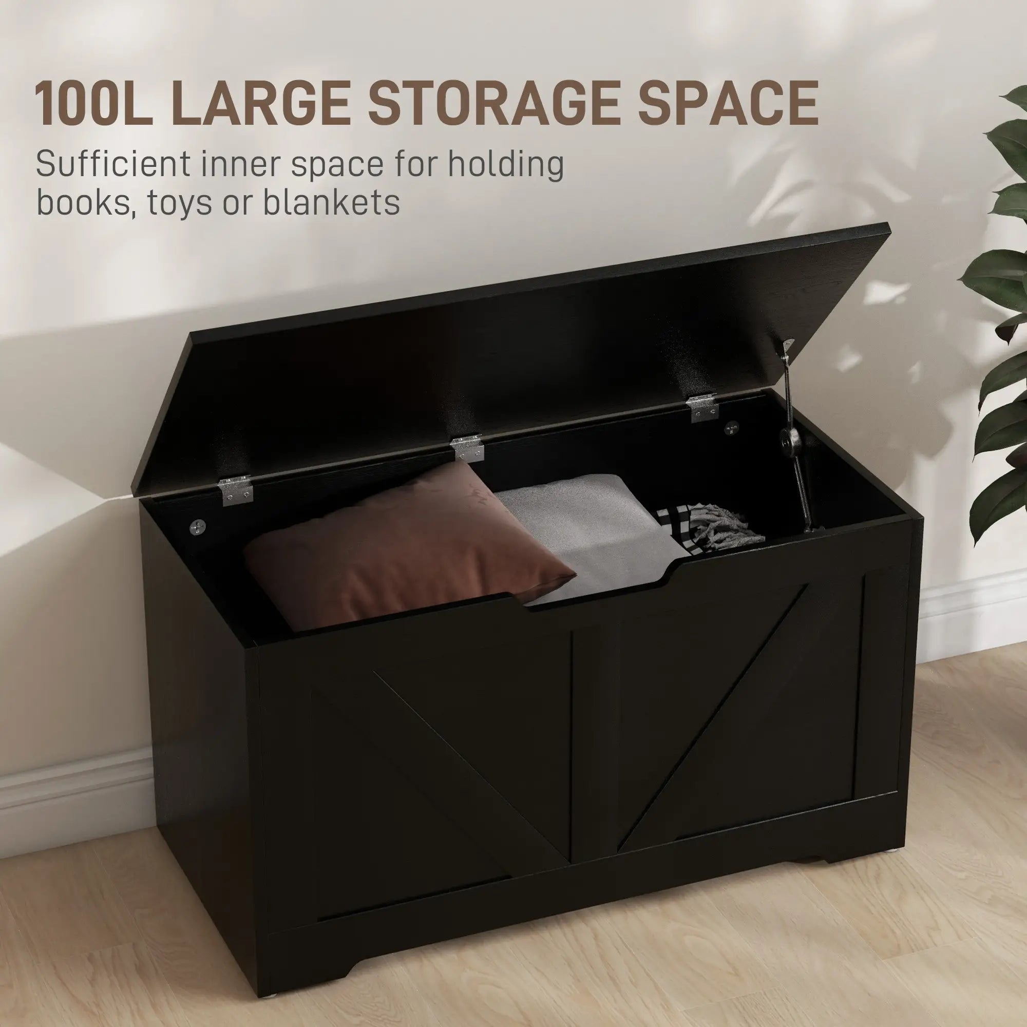 31.5 Inches Storage Chest, Wooden Box with Safety Hinges, Wood Grain, Black Storage Cabinets at Gallery Canada