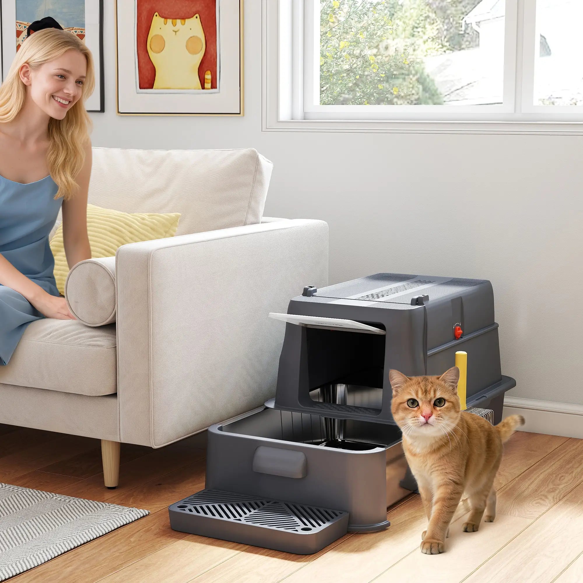 80L XL Stainless Steel Cat Litter Box, Flip Cover, Pull-Out Drawer, Dark Grey Cat Litter Box Enclosures at Gallery Canada