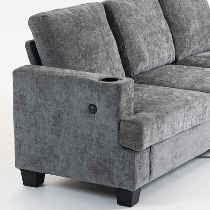 3 Seater Sofa with USB Ports, Cup Holders, Chenille Upholstery, Grey 3-Seater Sofas at Gallery Canada