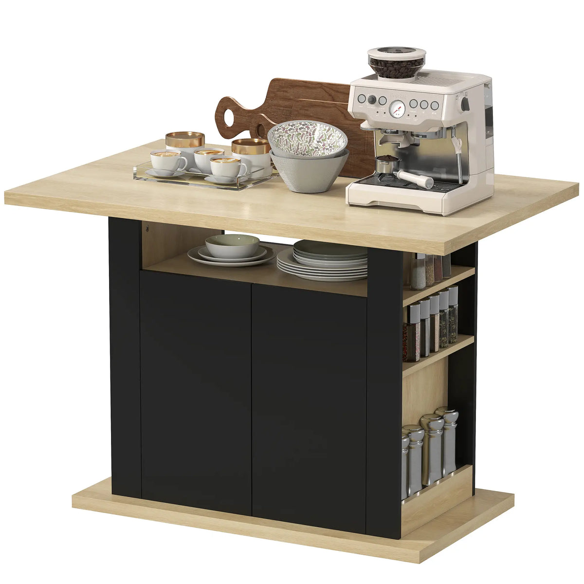Kitchen Island Dining Table, 4-Door Cabinet, Black Kitchen Islands & Kitchen Carts Black, Oak at Gallery Canada