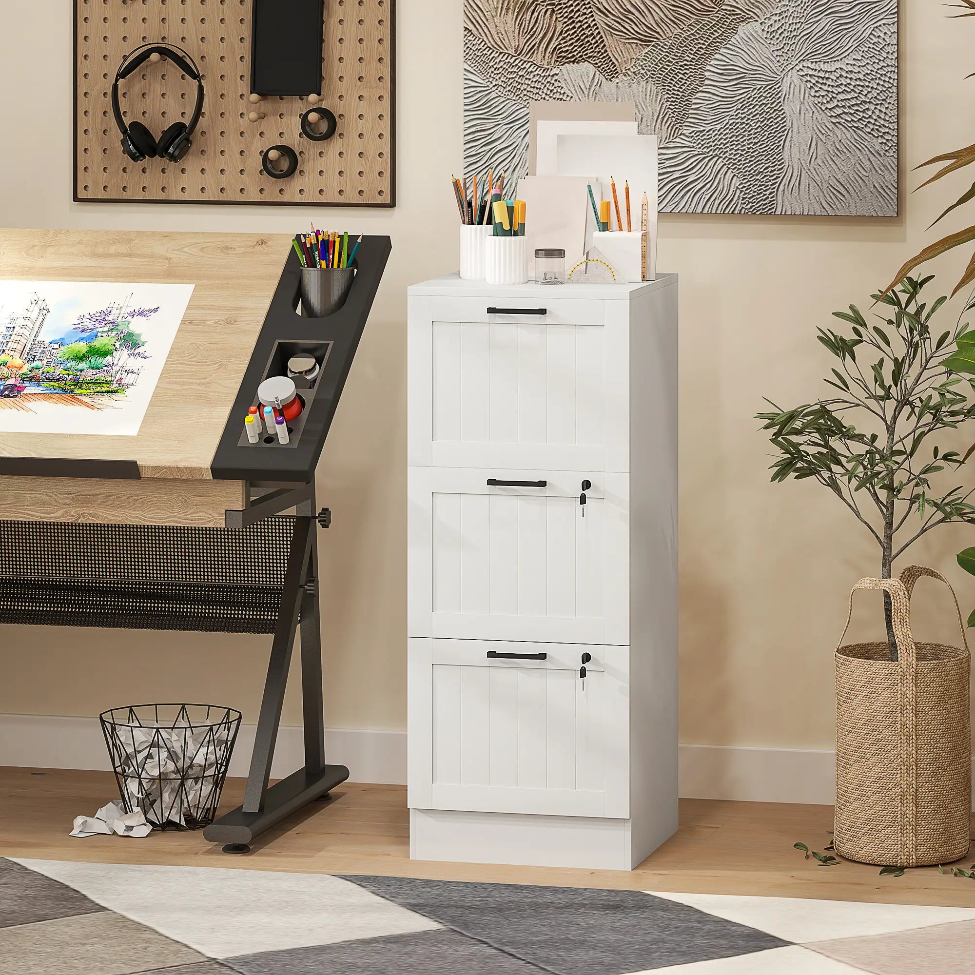 3 Drawer Filing Cabinet with Lock, Office Storage, A4 Letter Size, White Office Cabinets & Cupboards at Gallery Canada