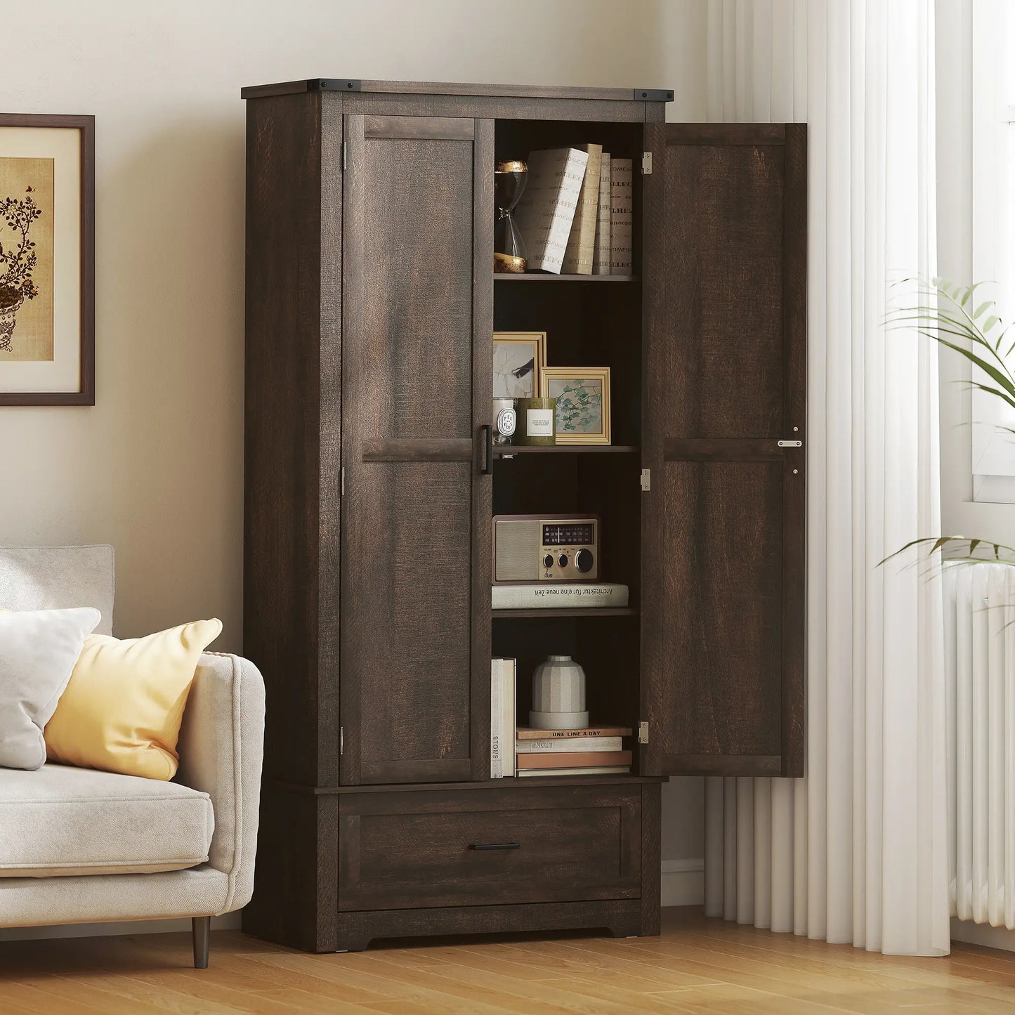69" Tall Kitchen Pantry Cabinet, 2 Doors, Drawer, Adjustable Shelves, Dark Brown Kitchen Pantry Cabinets at Gallery Canada