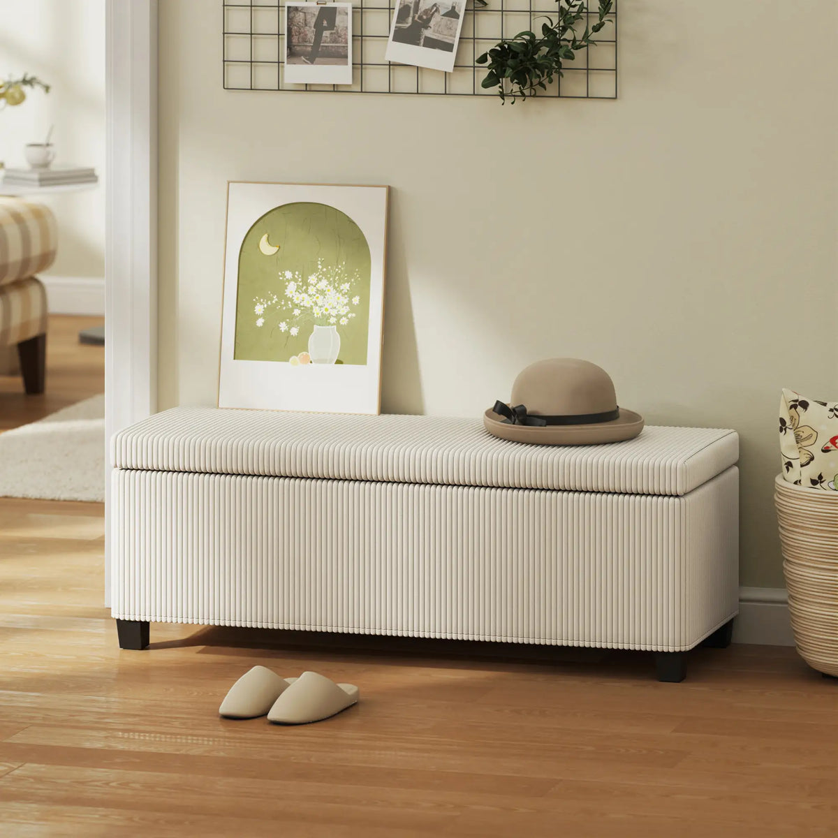 44 Inches Ottoman with Storage, Lid, Legs, Corduroy Bench, Beige Storage Ottomans & Benches at Gallery Canada