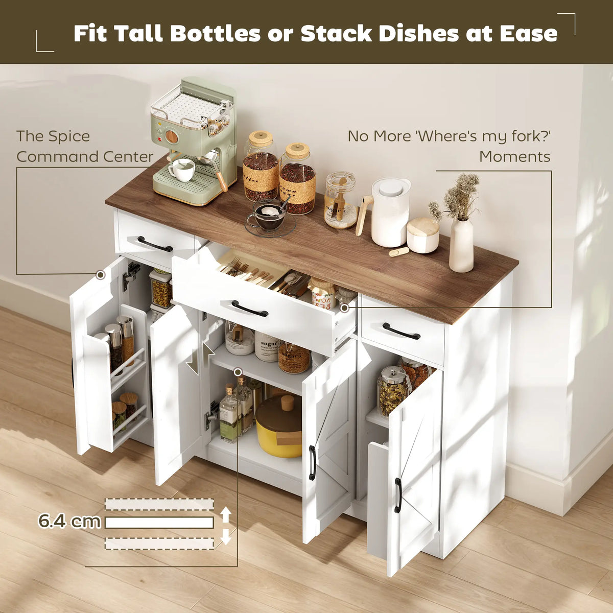47" Buffet Cabinet, Farmhouse Sideboard, 3 Drawers, Adjustable Shelves, White Bar Cabinets at Gallery Canada