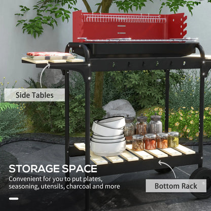 Charcoal Barbecue Grill, Adjustable Height, Portable BBQ Trolley, Red
