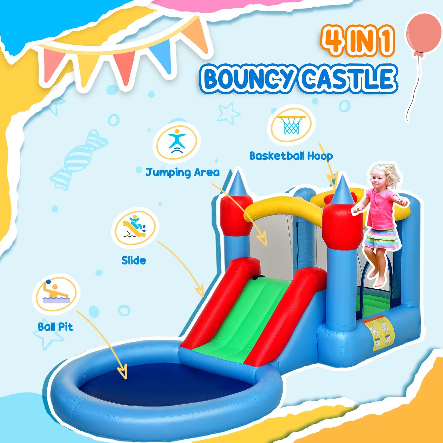 Inflatable Bounce House with Slide, Basketball, Ball Pit, 163" x 81" x 75" Inflatables at Gallery Canada