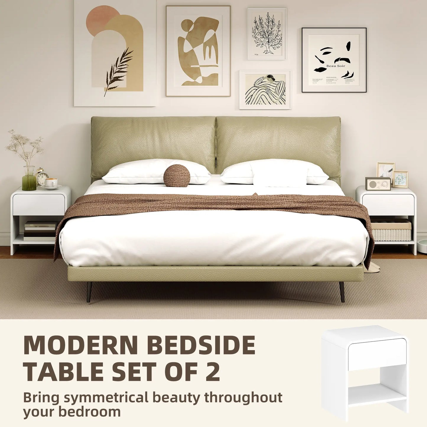 Modern Nightstand Set of 2, Distressed White, With Drawer and Shelf, White Bedside Tables at Gallery Canada