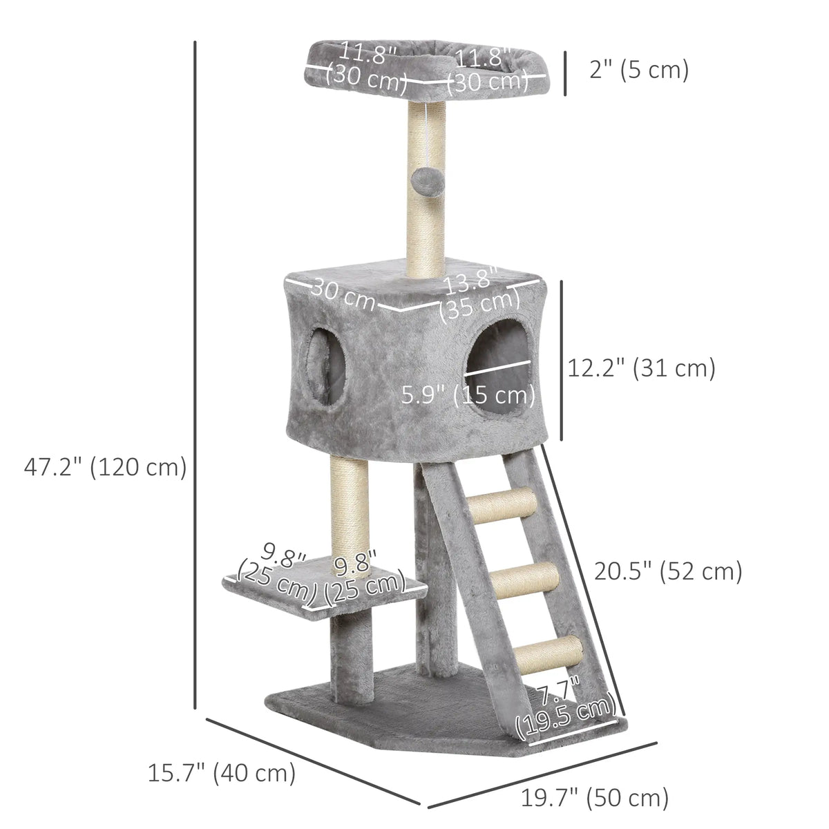 47" Tall Cat Tree Tower with Condo, Ladder, Scratching Posts, Light Grey Cat Towers at Gallery Canada