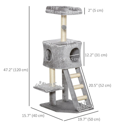 47" Tall Cat Tree Tower with Condo, Ladder, Scratching Posts, Light Grey Cat Towers at Gallery Canada