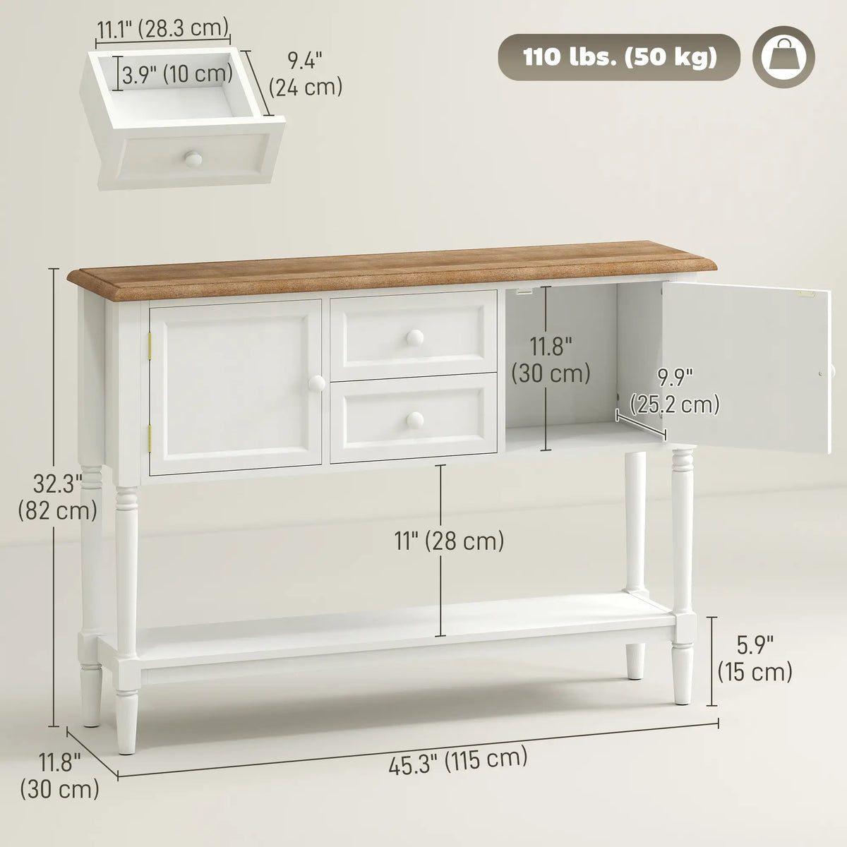 Vintage Console Table With 2 Drawers, White Console Tables at Gallery Canada