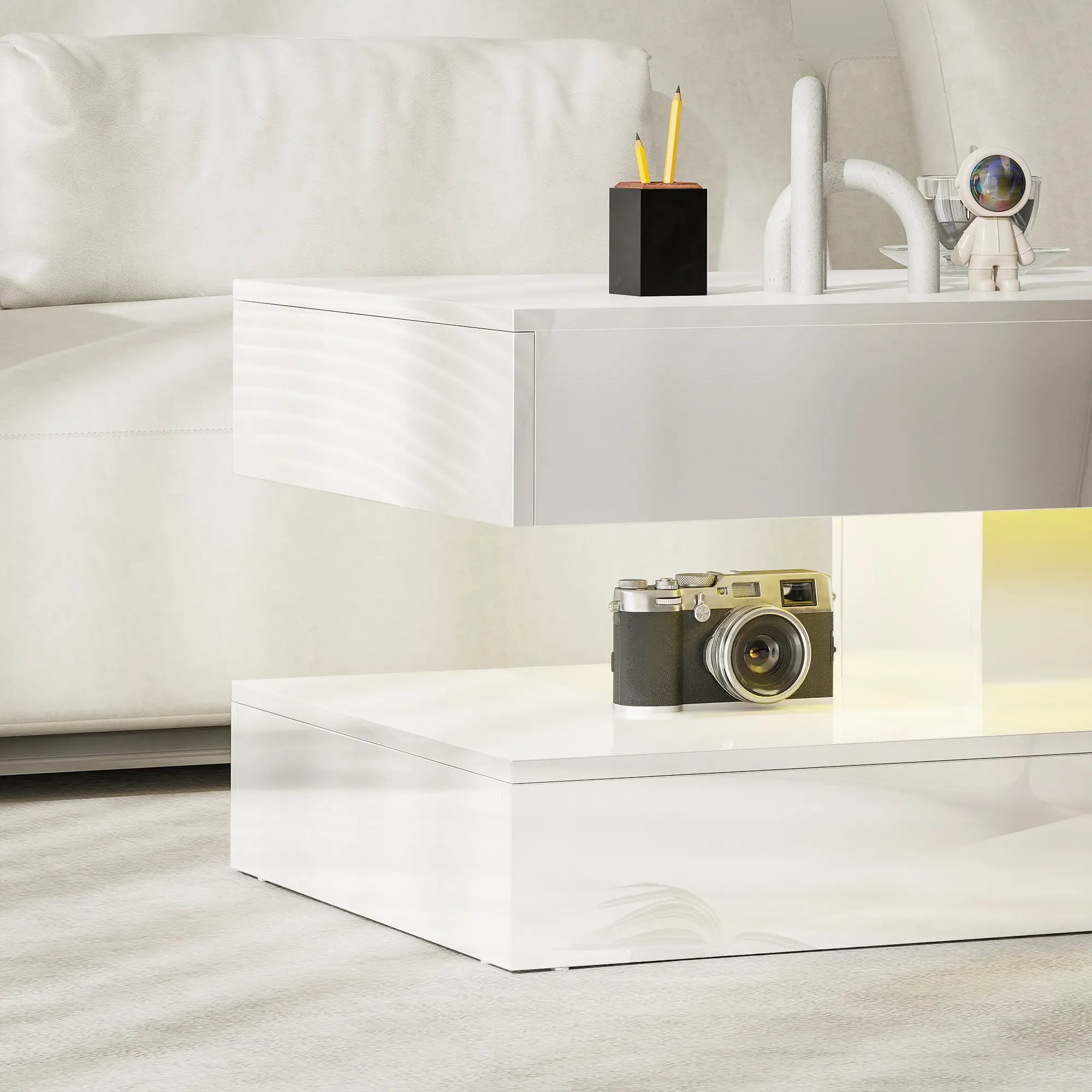 Adjustable LED Coffee Table, 2 Drawers, Open Shelf, Remote, High Gloss White, White Coffee Tables at Gallery Canada