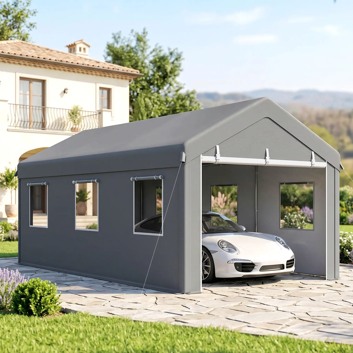 10' x 20' Heavy Duty Carport, Portable Garage, 6 Mesh Windows, 2 Doors, Grey Car Shelters at Gallery Canada