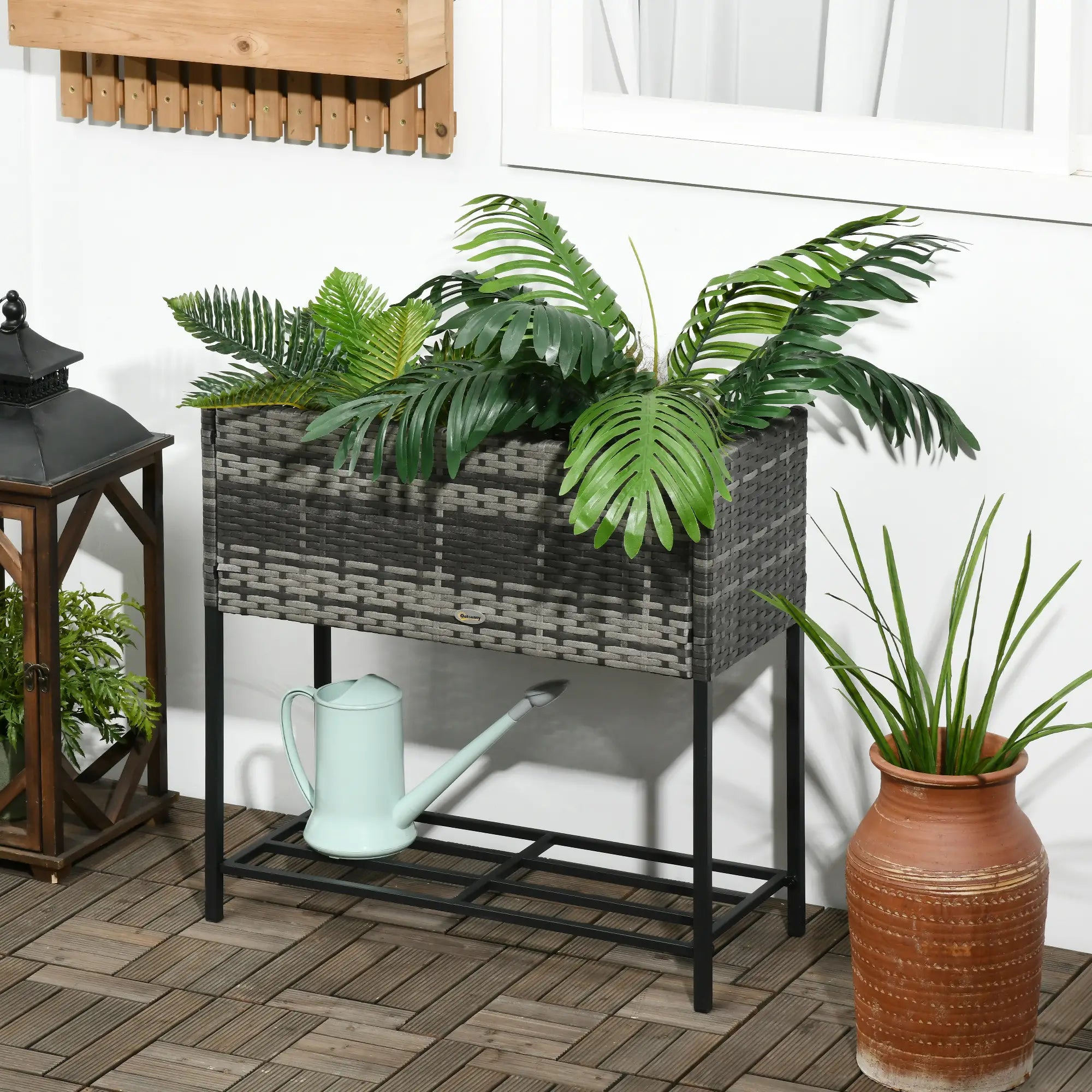 Rattan Raised Garden Box, Elevated Flower Bed with Shelf, Mixed Grey, Grey Plant Stands at Gallery Canada