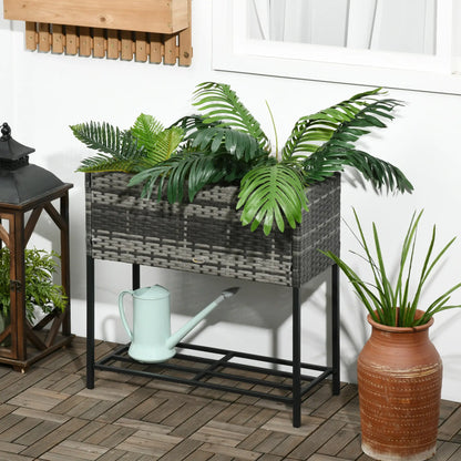 Rattan Raised Garden Box, Elevated Flower Bed with Shelf, Mixed Grey, Grey Plant Stands at Gallery Canada
