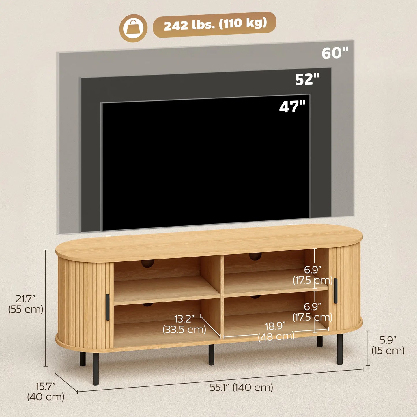 TV Stand for TVs up to 60", Modern Entertainment Center with Curved Sliding Doors, Natural Wood TV Stands at Gallery Canada