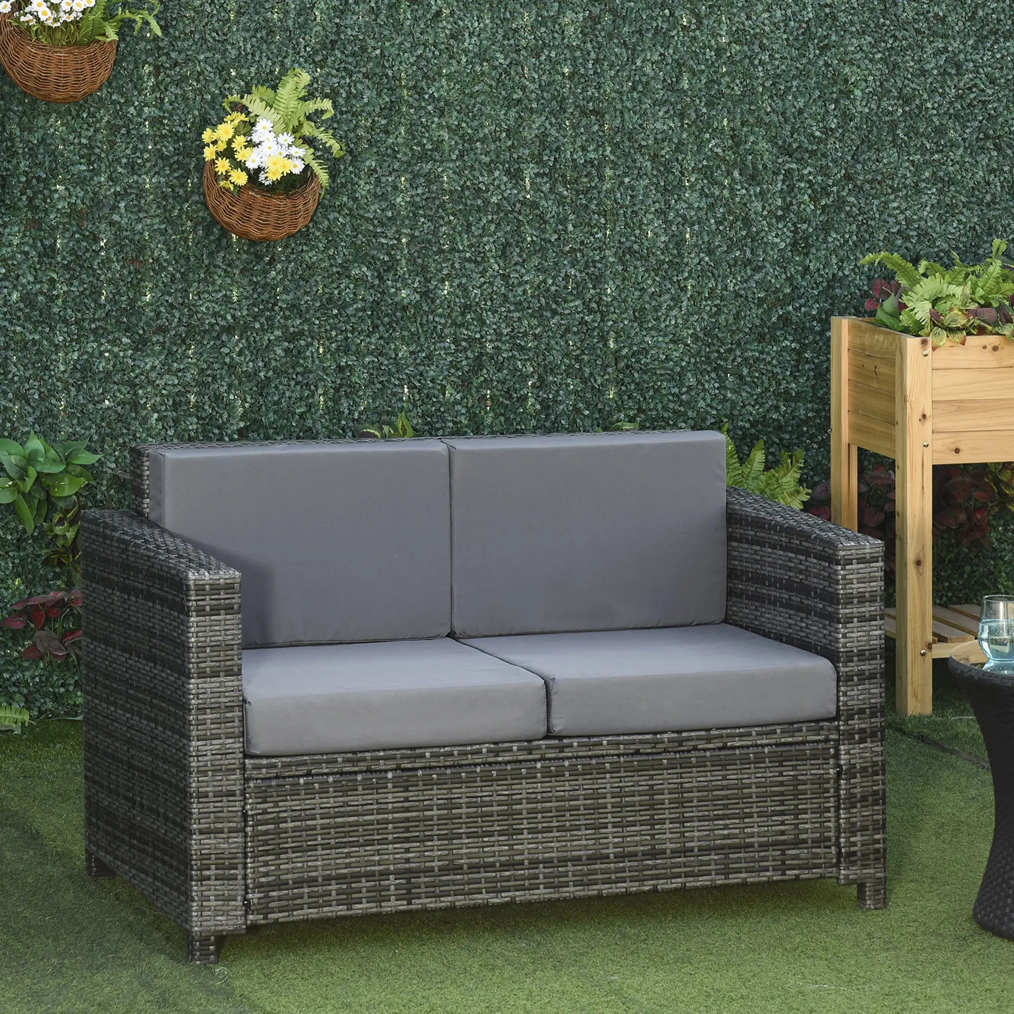 2 Seat Patio Loveseat Wicker Sofa Chair, Outdoor Rattan Couch with Cushion, Grey Patio Furniture Sets at Gallery Canada