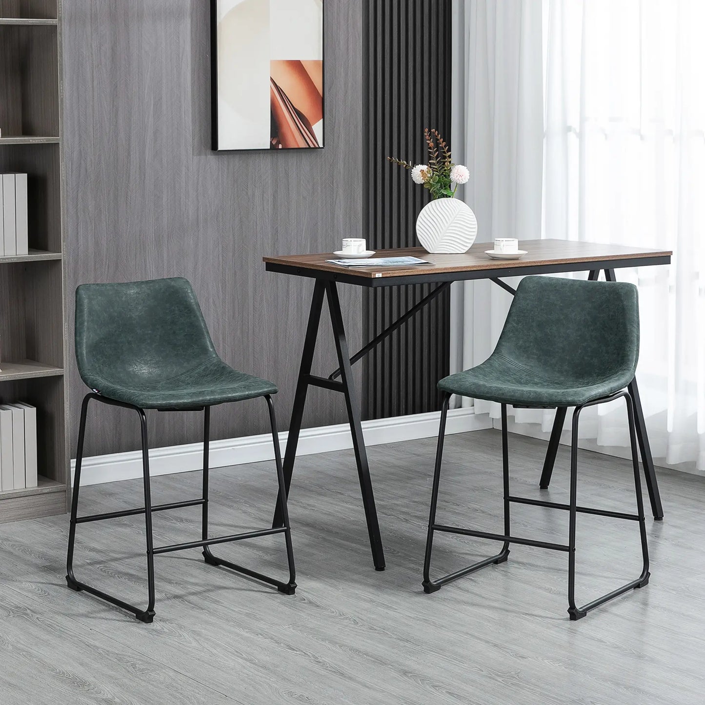 Vintage PU Leather Bar Stools Set of 2, Kitchen Stool with Footrest, Green Bar Stools at Gallery Canada