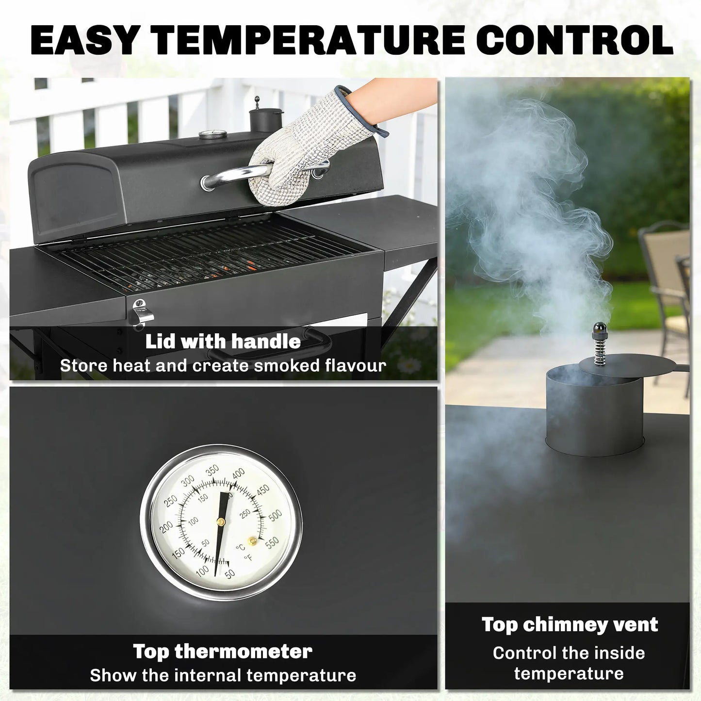 Charcoal Grill With Side Tables, Barbecue Smoker With Thermometer, 43.3"x18.3"x39.8", Black Charcoal BBQ Grils at Gallery Canada