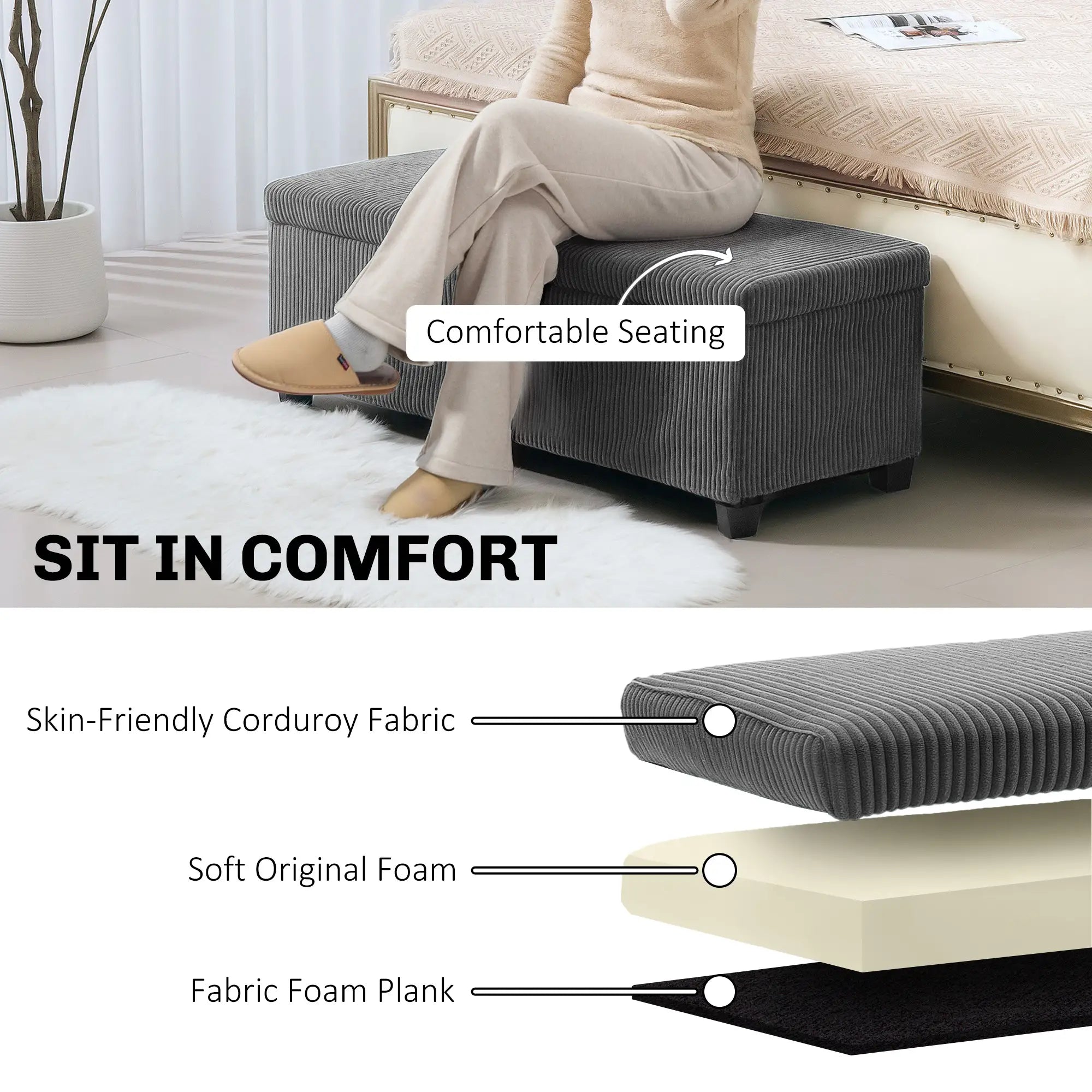 44 Inches Ottoman Storage Bench, Corduroy Lid, Grey Storage Ottomans & Benches at Gallery Canada
