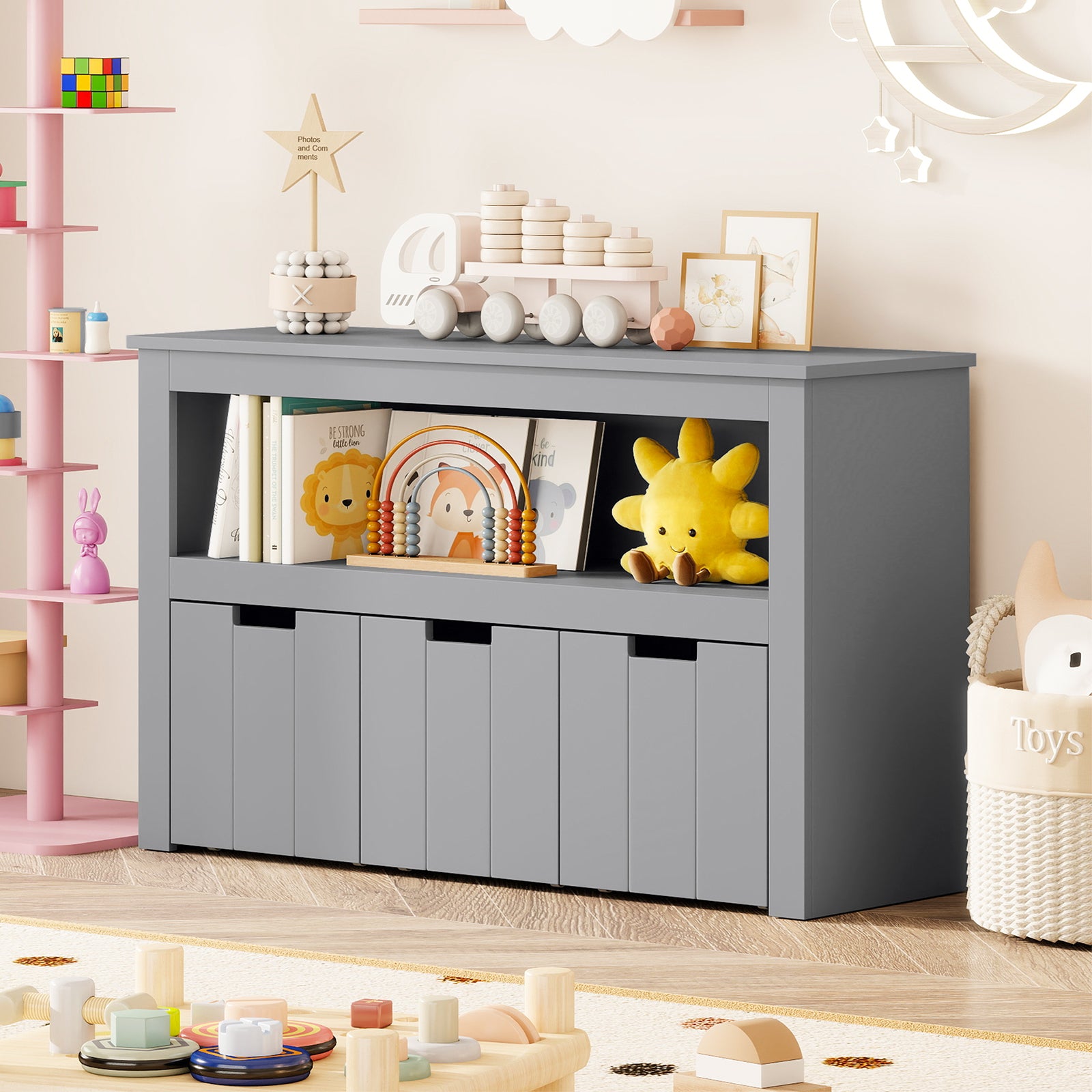 Kid Toy Storage Cabinet, 3 Drawer Chest With Wheels, Gray Kids Storage at Gallery Canada