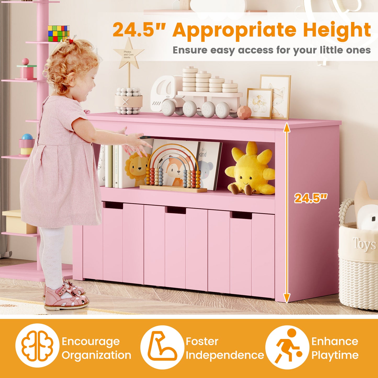 Kid Toy Storage Cabinet, 3 Drawer Chest With Wheels, Large Cube Shelf, Pink Kids Storage at Gallery Canada