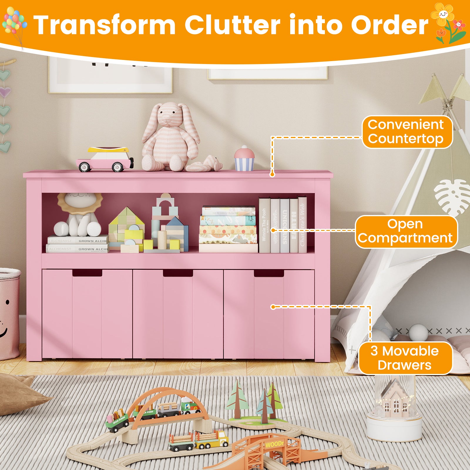 Kid Toy Storage Cabinet, 3 Drawer Chest With Wheels, Large Cube Shelf, Pink Kids Storage at Gallery Canada