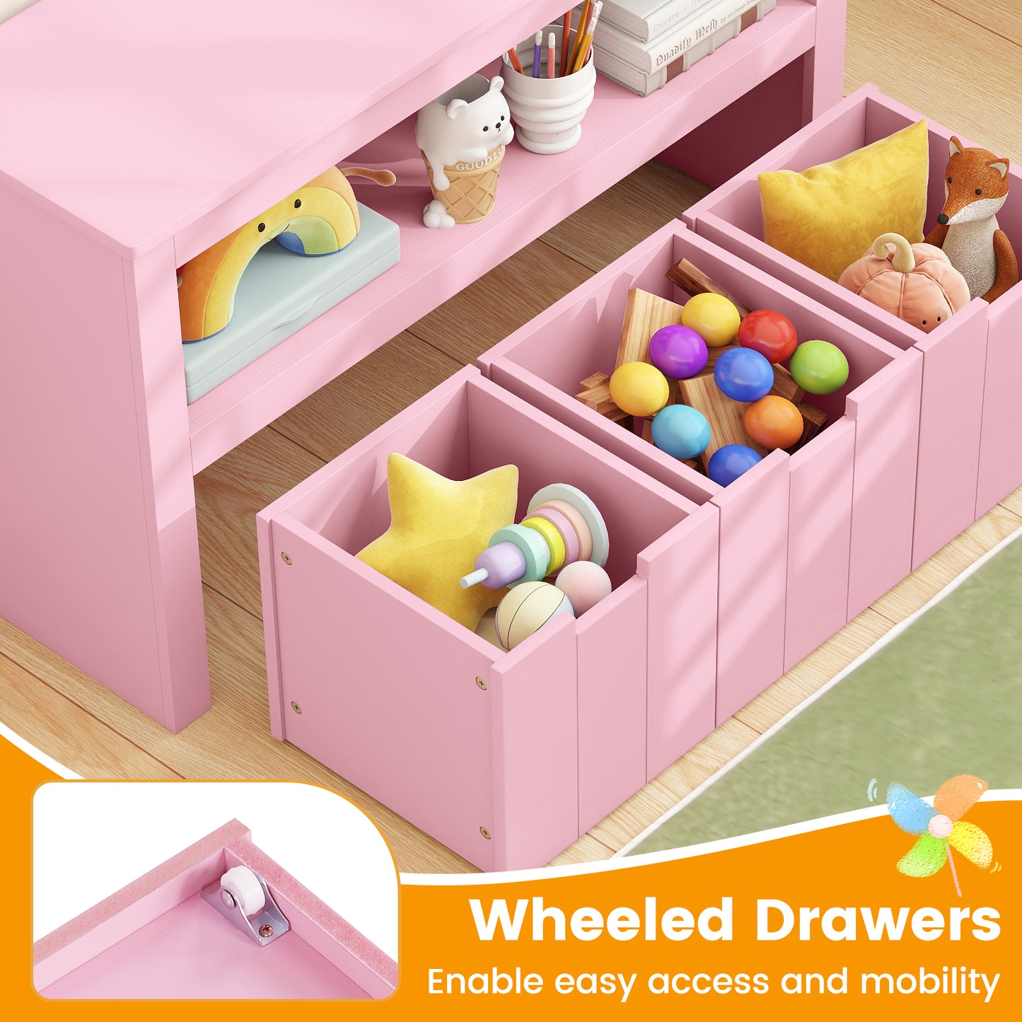 Kid Toy Storage Cabinet, 3 Drawer Chest With Wheels, Large Cube Shelf, Pink Kids Storage at Gallery Canada