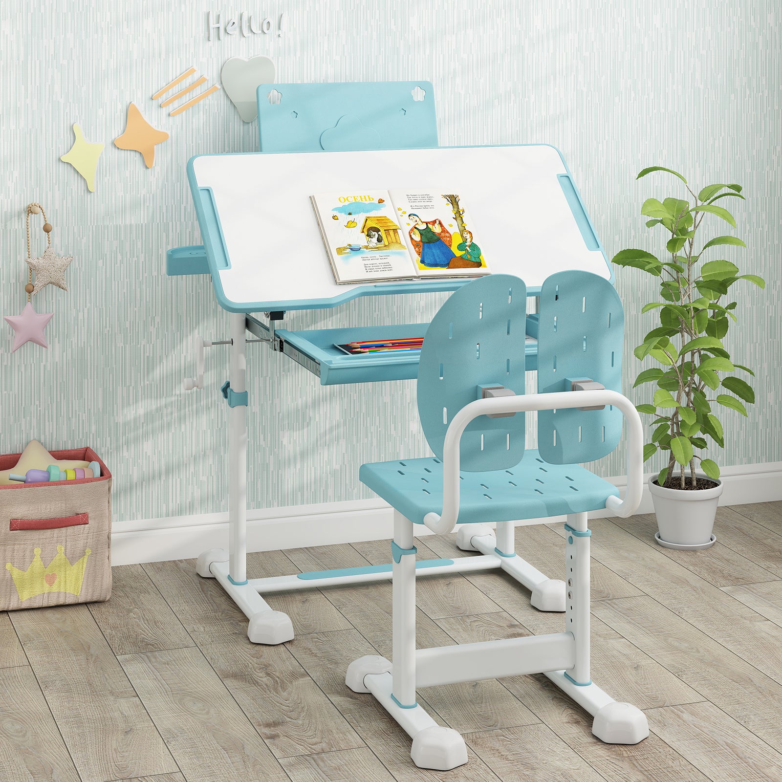 Kids Study Desk Chair Set, Tilt Desktop Book Stand, Blue Kids Table & Chair Sets at Gallery Canada