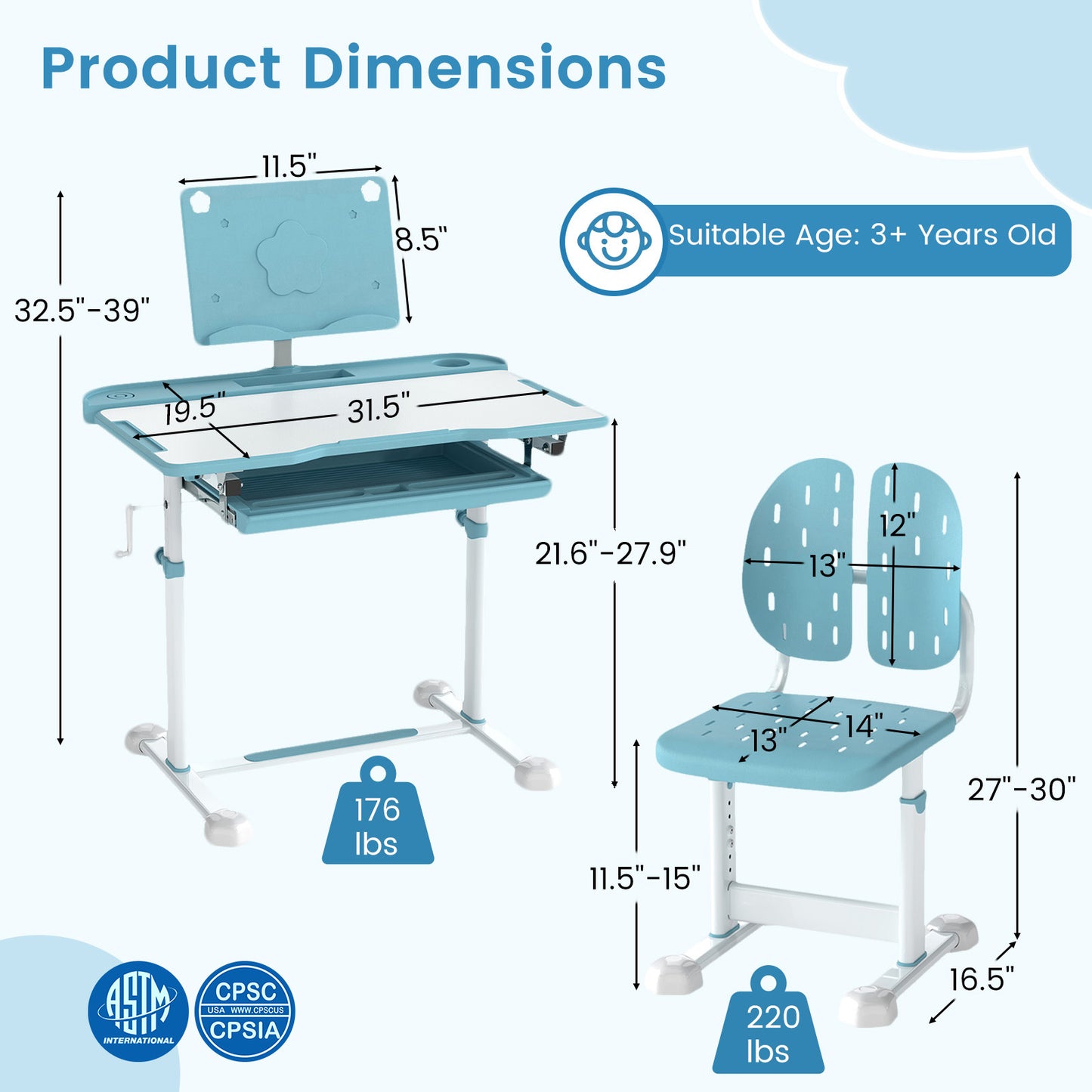 Kids Study Desk Chair Set, Tilt Desktop Book Stand, Blue Kids Table & Chair Sets at Gallery Canada